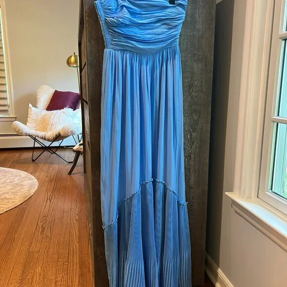 XS Ramy Brook Blue Two-Tone Pleated Flowy Strapless Maxi Dress - Picture 2 of 5